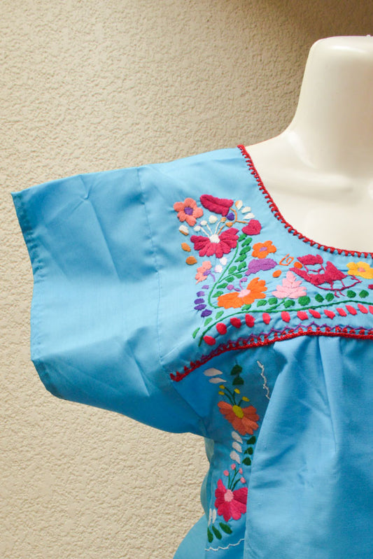 Embroidered Mexican Dress | Light Blue - Alebrije Huichol Mexican Folk art magiamexica.com