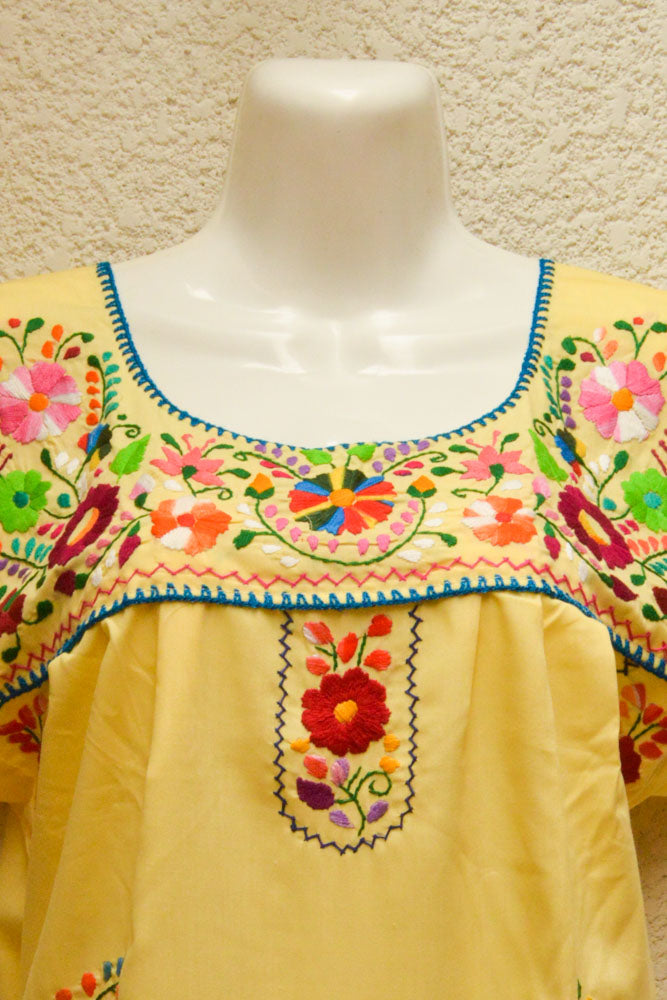Embroidered Mexican Dress | Baby Yellow - Alebrije Huichol Mexican Folk art magiamexica.com