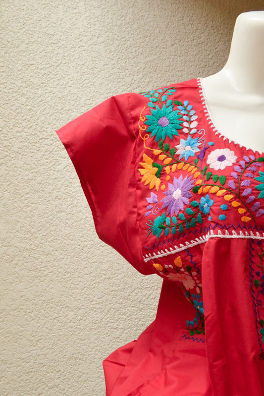 Embroidered Mexican Dress | Burgundy - Alebrije Huichol Mexican Folk art magiamexica.com