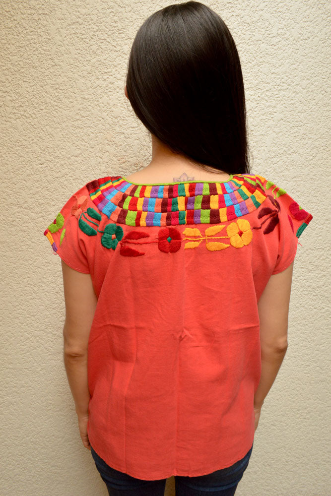 Embroidered Mexican Blouse | Coral - Alebrije Huichol Mexican Folk art magiamexica.com