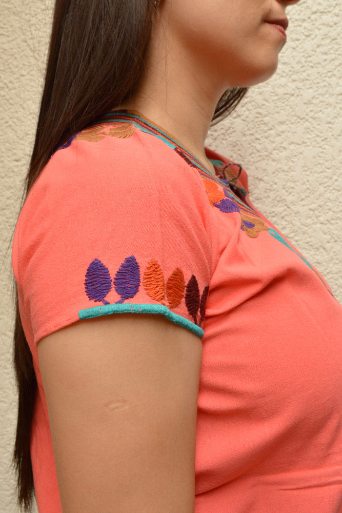 Embroidered Mexican Blouse | Light Salmon - Alebrije Huichol Mexican Folk art magiamexica.com