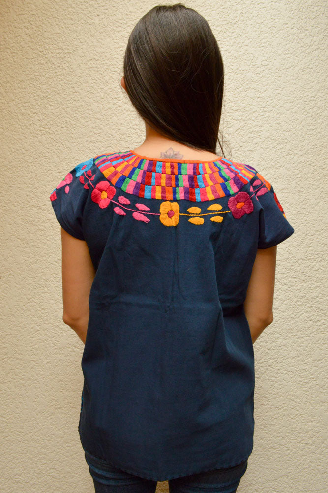 Embroidered Mexican Blouse | Navy - Alebrije Huichol Mexican Folk art magiamexica.com