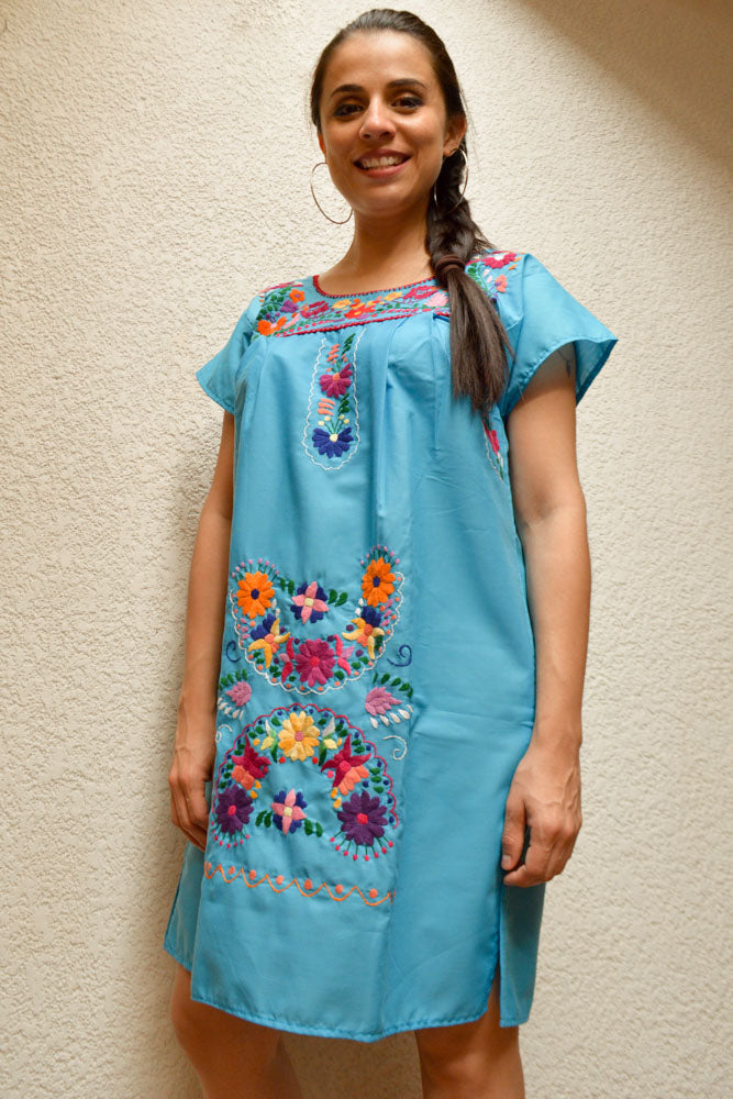 Embroidered Mexican Dress | Light Blue - Alebrije Huichol Mexican Folk art magiamexica.com