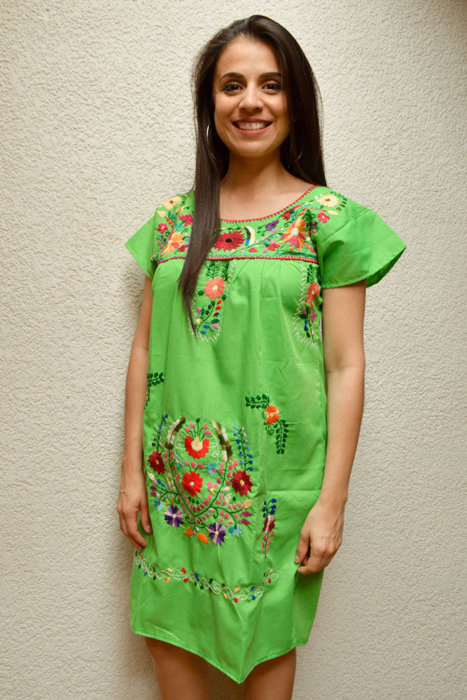 Embroidered Mexican Dress | Green - Alebrije Huichol Mexican Folk art magiamexica.com