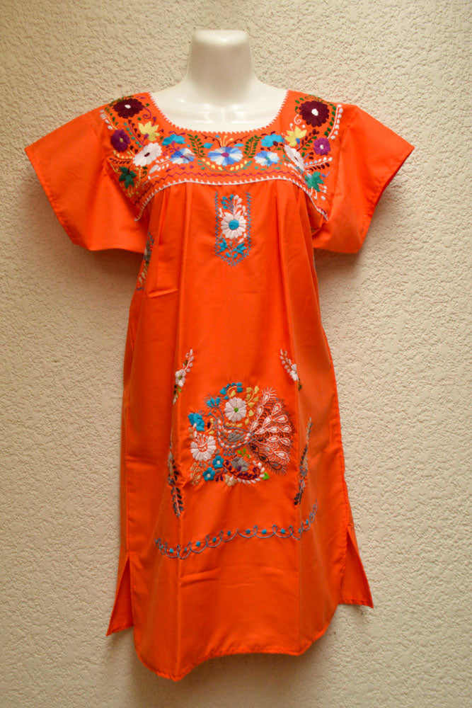 Embroidered Mexican Dress | Orange - Alebrije Huichol Mexican Folk art magiamexica.com