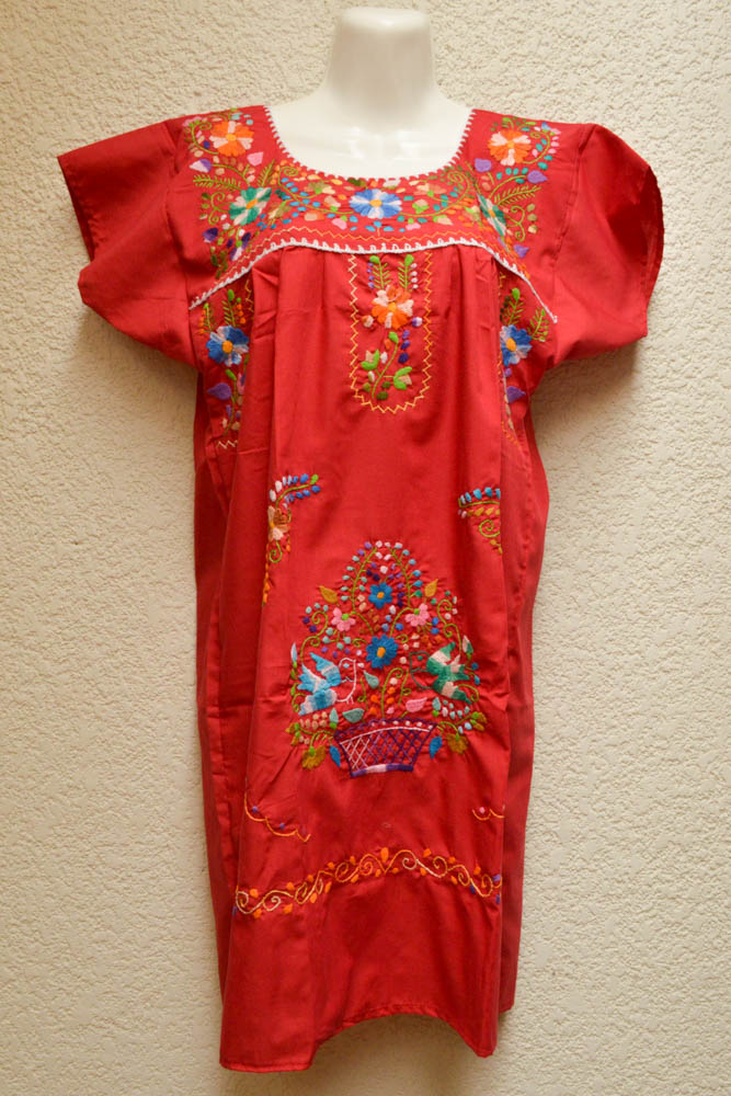 Embroidered Mexican Dress | Burgundy - Alebrije Huichol Mexican Folk art magiamexica.com