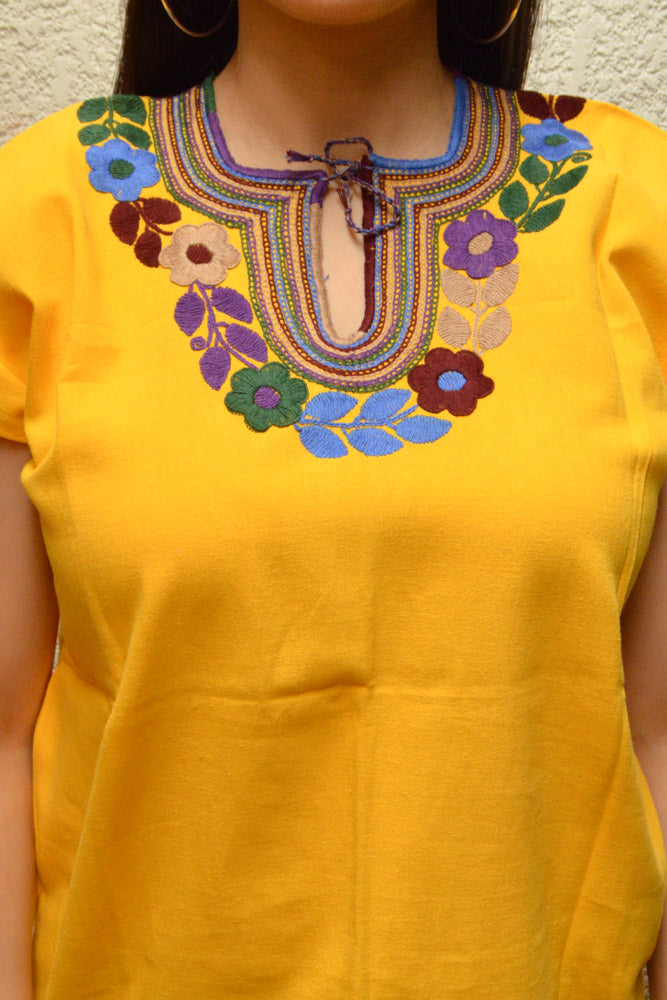 Embroidered Mexican Blouse | Yellow - Alebrije Huichol Mexican Folk art magiamexica.com