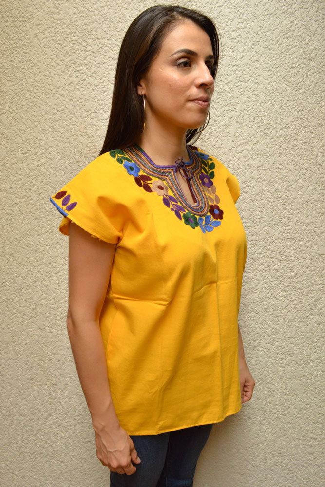 Embroidered Mexican Blouse | Yellow - Alebrije Huichol Mexican Folk art magiamexica.com