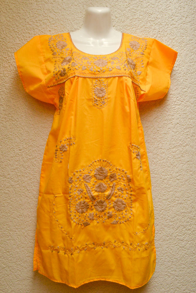 Embroidered Mexican Dress | Yellow - Alebrije Huichol Mexican Folk art magiamexica.com