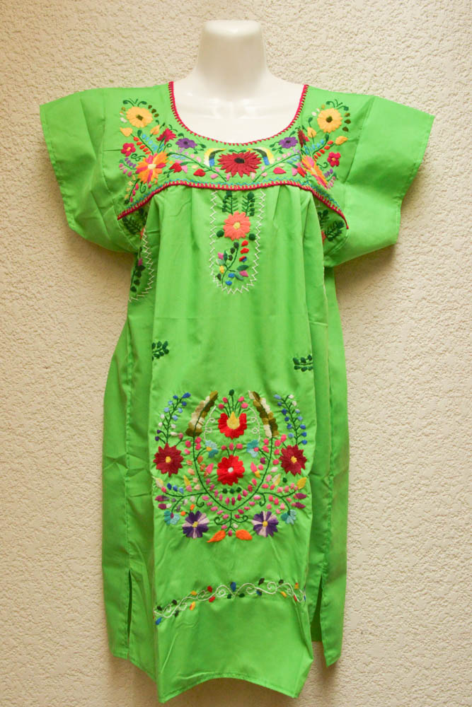 Embroidered Mexican Dress | Green - Alebrije Huichol Mexican Folk art magiamexica.com