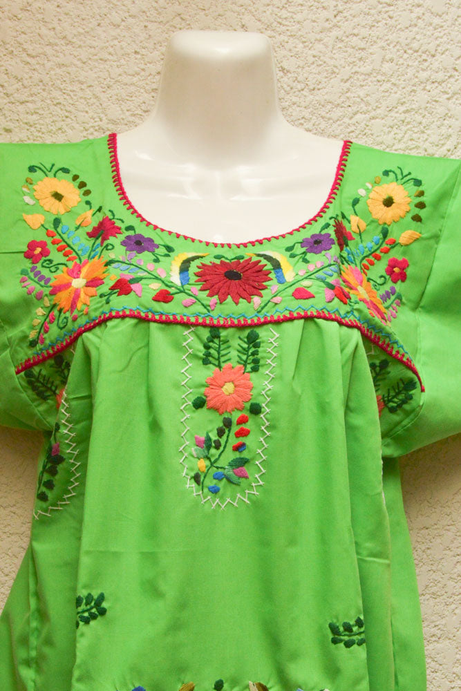 Embroidered Mexican Dress | Green - Alebrije Huichol Mexican Folk art magiamexica.com