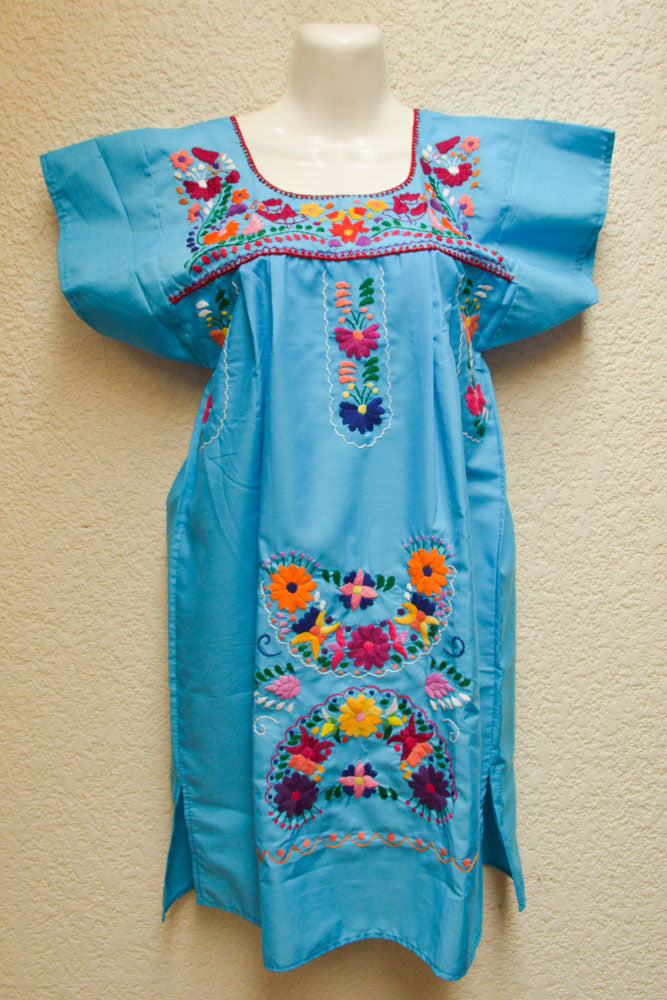 Embroidered Mexican Dress | Light Blue - Alebrije Huichol Mexican Folk art magiamexica.com