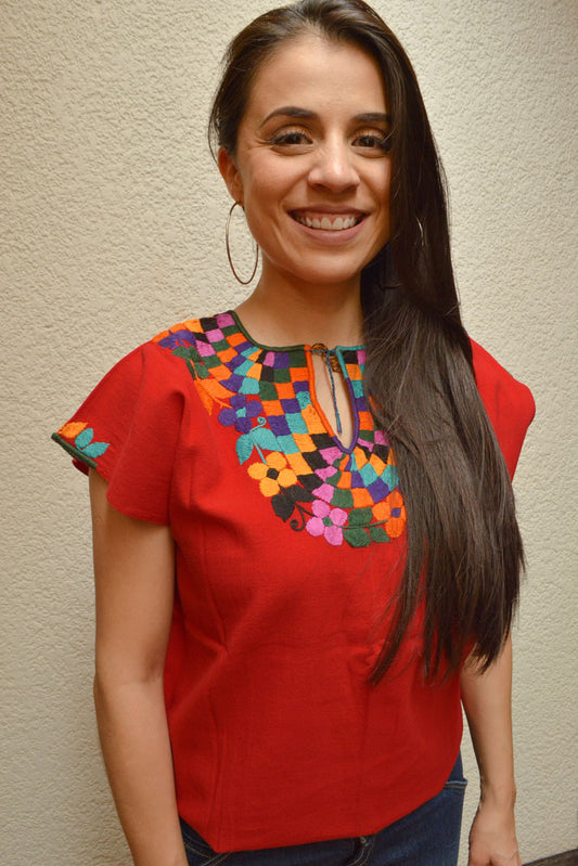 Embroidered Mexican Blouse | Red - Alebrije Huichol Mexican Folk art magiamexica.com