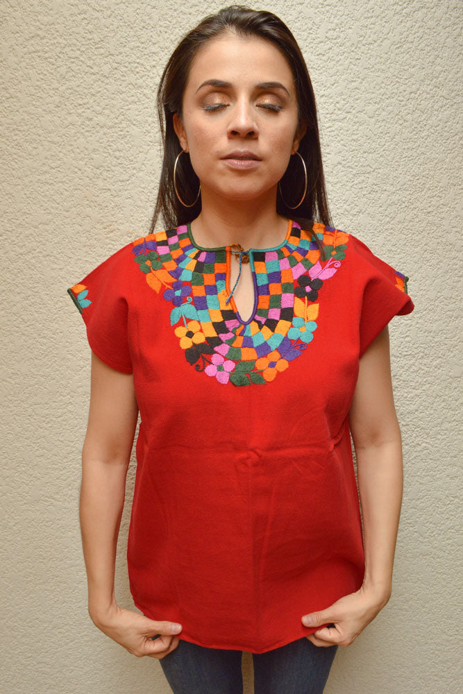 Embroidered Mexican Blouse | Red - Alebrije Huichol Mexican Folk art magiamexica.com