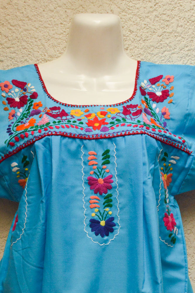 Embroidered Mexican Dress | Light Blue - Alebrije Huichol Mexican Folk art magiamexica.com