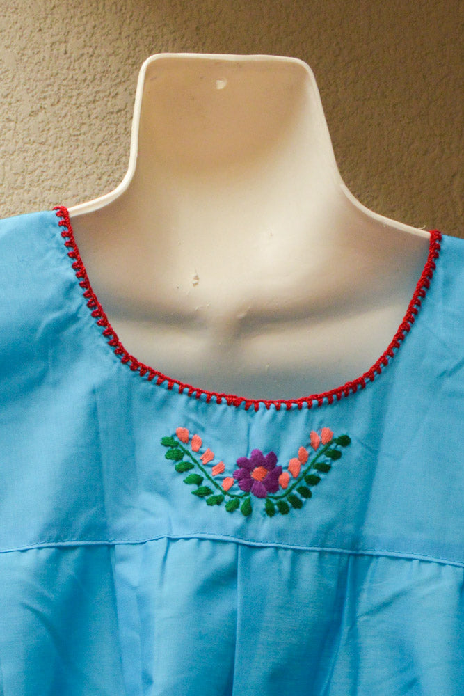 Embroidered Mexican Dress | Light Blue - Alebrije Huichol Mexican Folk art magiamexica.com