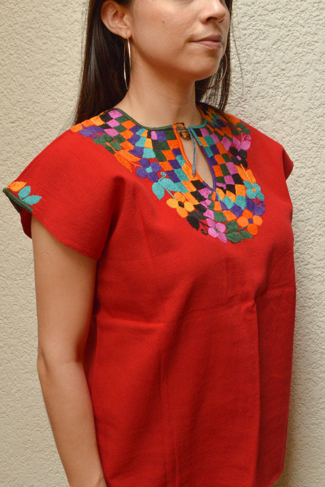 Embroidered Mexican Blouse | Red - Alebrije Huichol Mexican Folk art magiamexica.com