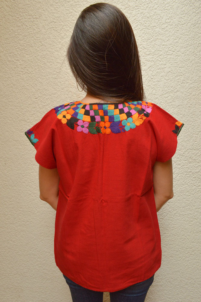 Embroidered Mexican Blouse | Red - Alebrije Huichol Mexican Folk art magiamexica.com
