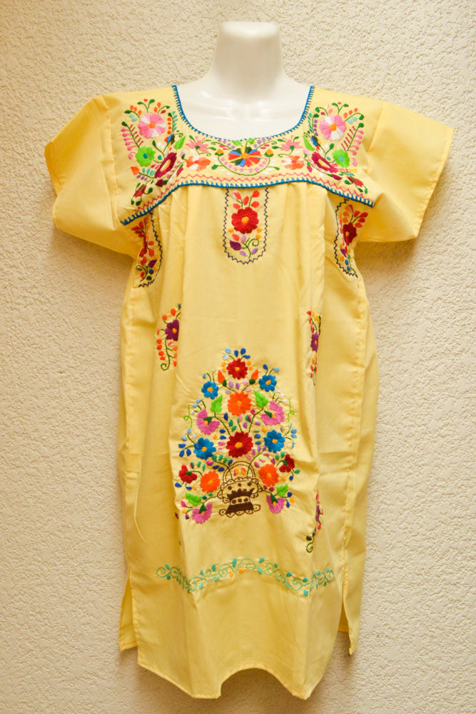 Embroidered Mexican Dress | Baby Yellow - Alebrije Huichol Mexican Folk art magiamexica.com