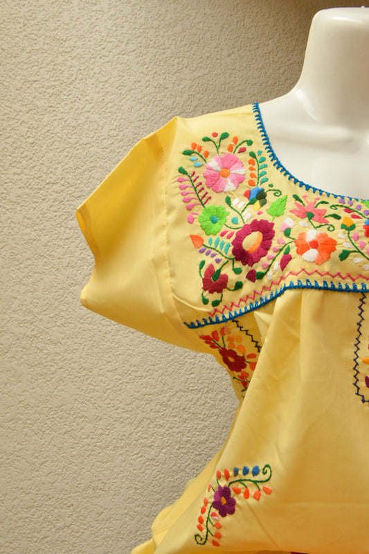 Embroidered Mexican Dress | Baby Yellow - Alebrije Huichol Mexican Folk art magiamexica.com