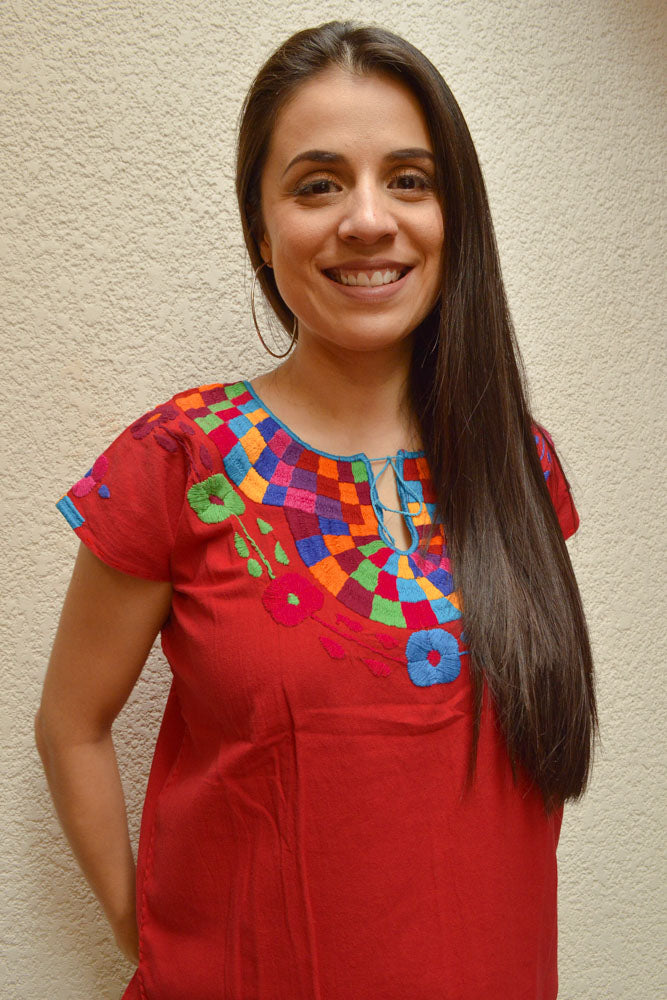 Embroidered Mexican Blouse | Red - Alebrije Huichol Mexican Folk art magiamexica.com