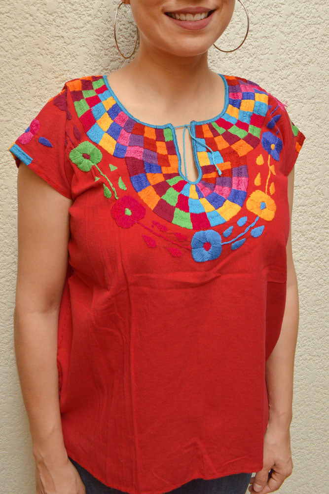 Embroidered Mexican Blouse | Red - Alebrije Huichol Mexican Folk art magiamexica.com