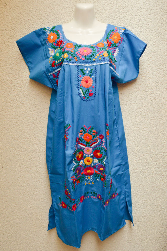 Embroidered Mexican Dress | Blue - Alebrije Huichol Mexican Folk art magiamexica.com