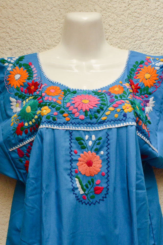 Embroidered Mexican Dress | Blue - Alebrije Huichol Mexican Folk art magiamexica.com
