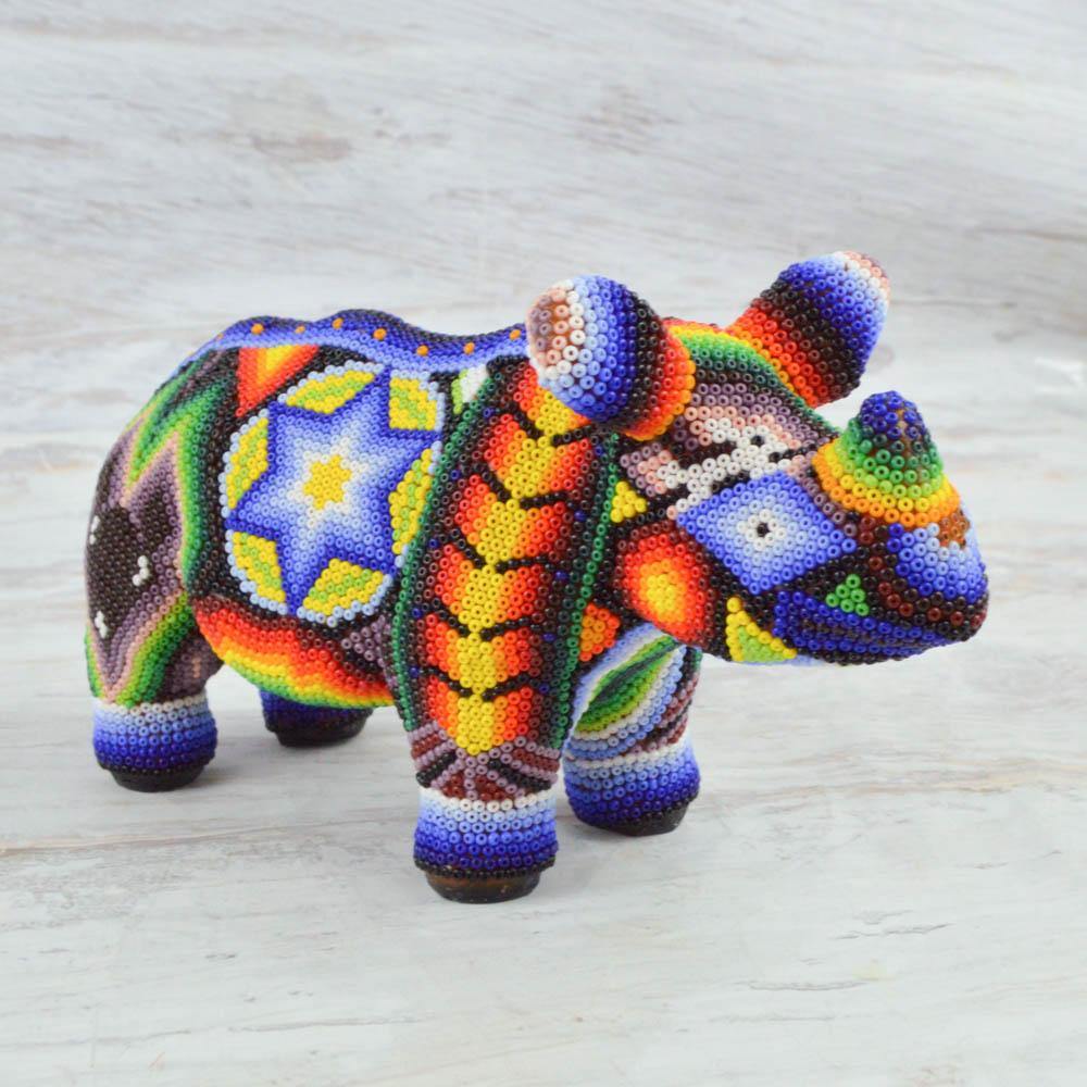 Huichol Art Beaded Animals Rhino - Magia Mexica 