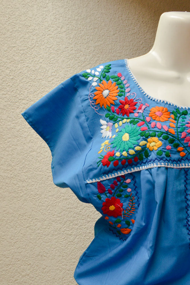 Embroidered Mexican Dress | Blue - Alebrije Huichol Mexican Folk art magiamexica.com