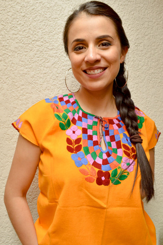 Embroidered Mexican Blouse | Amber - Alebrije Huichol Mexican Folk art magiamexica.com