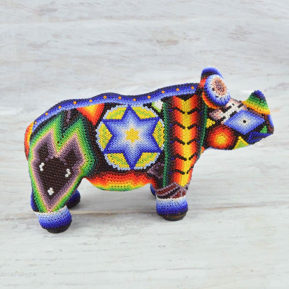 Huichol Art Beaded Animals Rhino - Magia Mexica 