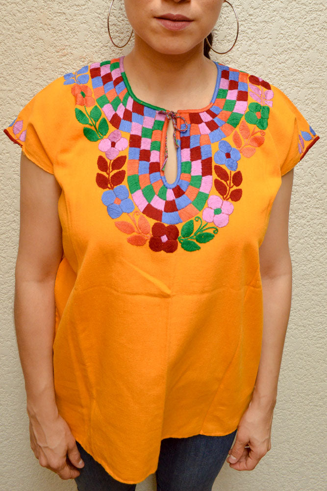 Embroidered Mexican Blouse | Amber - Alebrije Huichol Mexican Folk art magiamexica.com