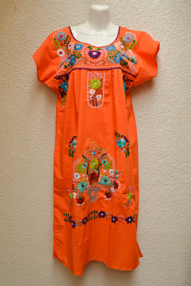 Embroidered Mexican Dress | Orange - Alebrije Huichol Mexican Folk art magiamexica.com