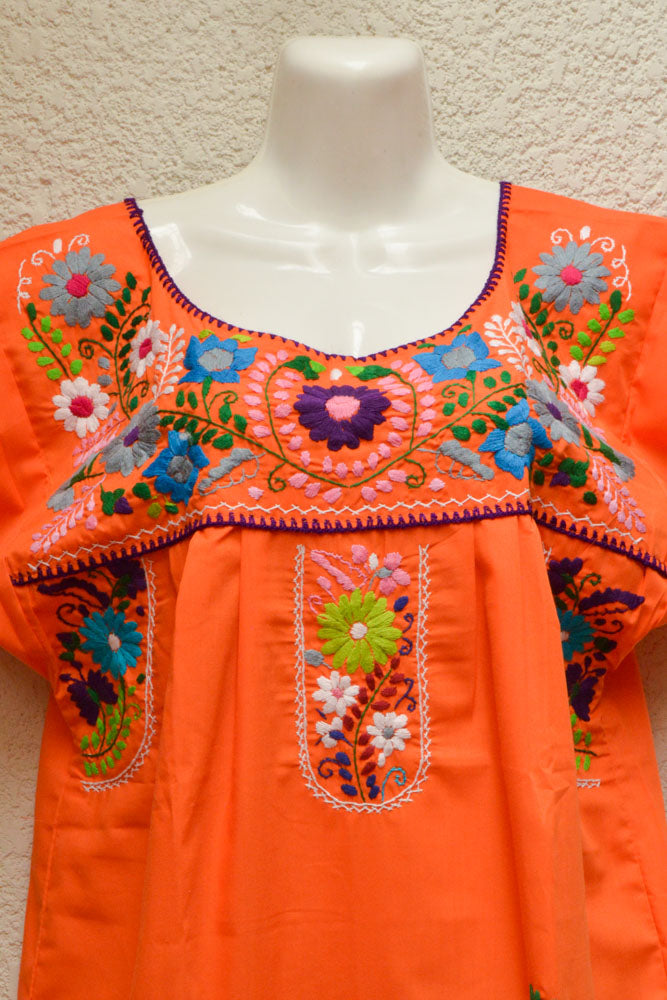 Embroidered Mexican Dress | Orange - Alebrije Huichol Mexican Folk art magiamexica.com