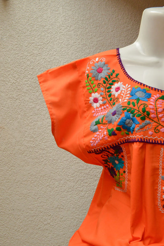 Embroidered Mexican Dress | Orange - Alebrije Huichol Mexican Folk art magiamexica.com
