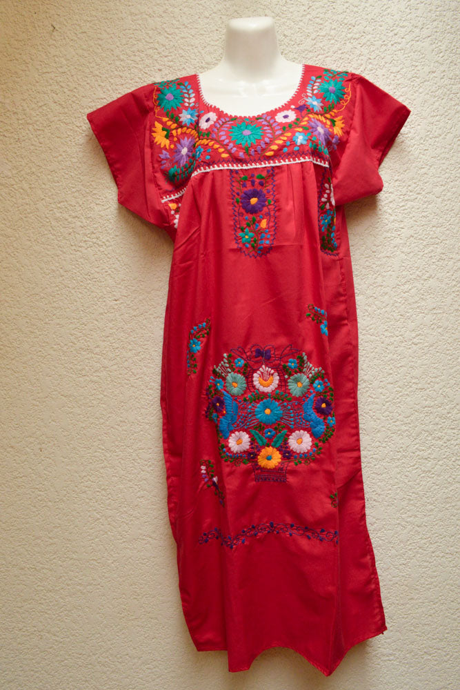 Embroidered Mexican Dress | Burgundy - Alebrije Huichol Mexican Folk art magiamexica.com