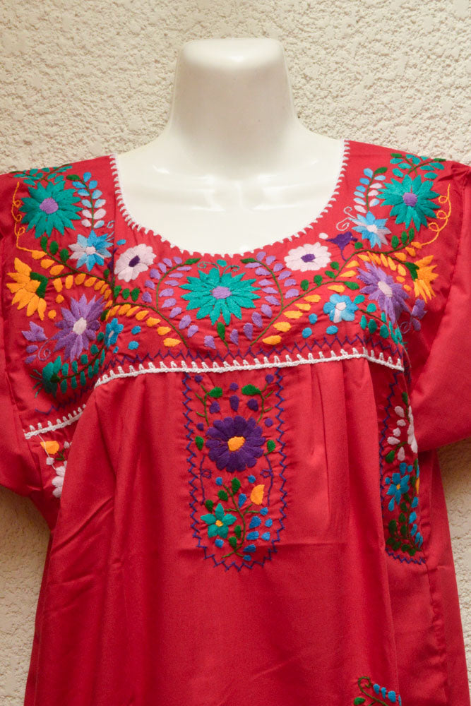Embroidered Mexican Dress | Burgundy - Alebrije Huichol Mexican Folk art magiamexica.com