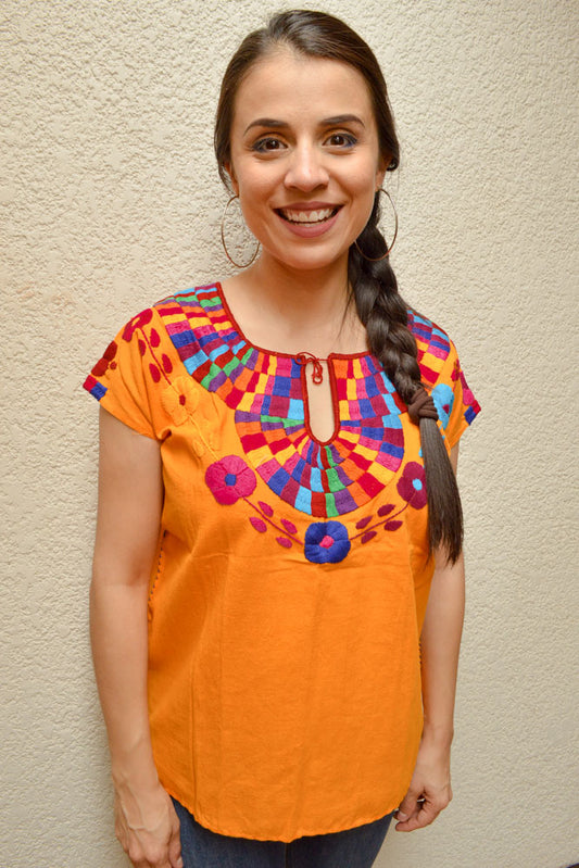 Embroidered Mexican Blouse | Amber - Alebrije Huichol Mexican Folk art magiamexica.com