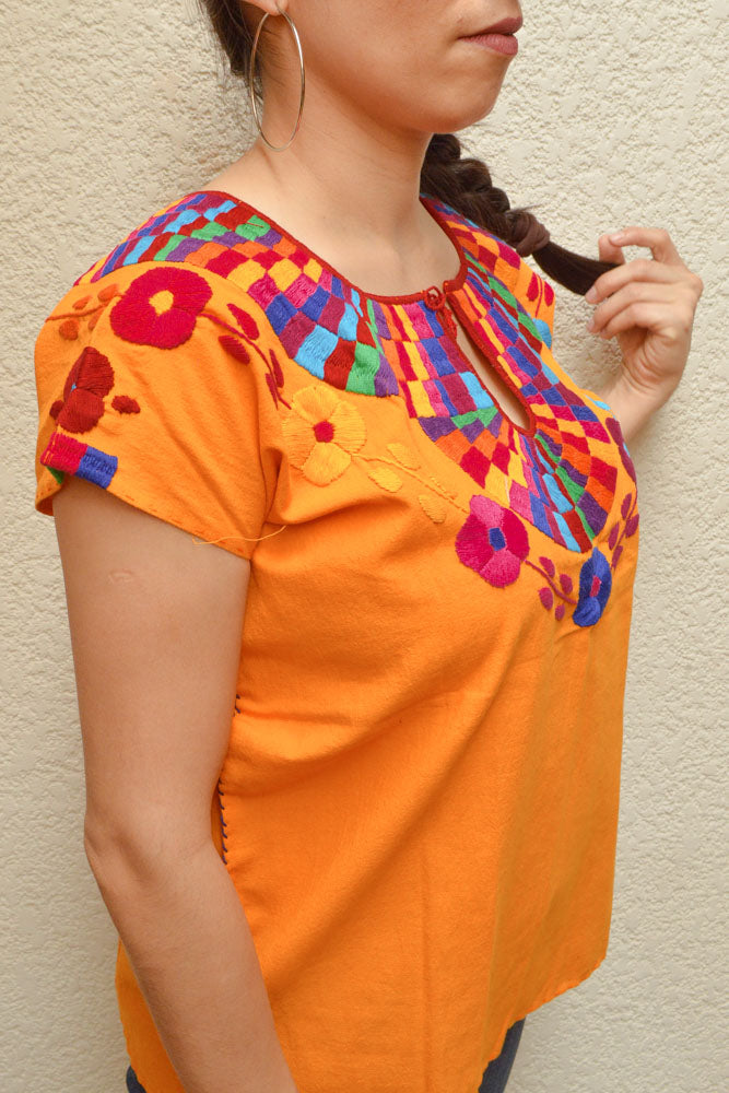 Embroidered Mexican Blouse | Amber - Alebrije Huichol Mexican Folk art magiamexica.com