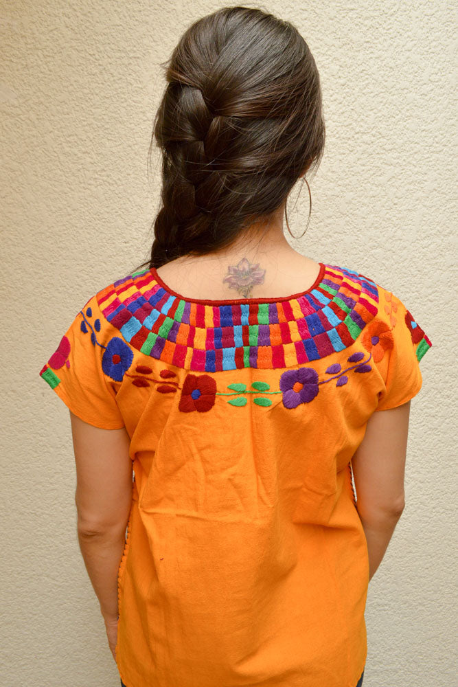 Embroidered Mexican Blouse | Amber - Alebrije Huichol Mexican Folk art magiamexica.com
