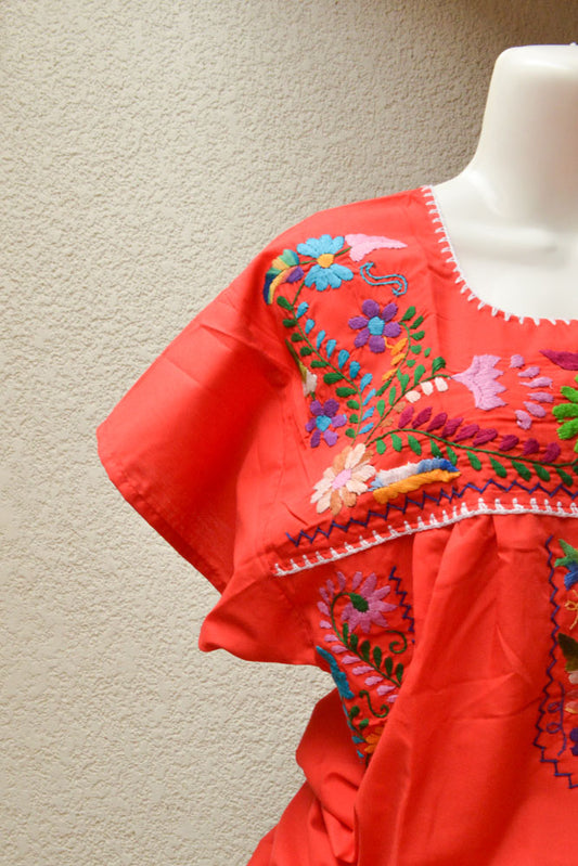 Embroidered Mexican Dress | Red Orange - Alebrije Huichol Mexican Folk art magiamexica.com