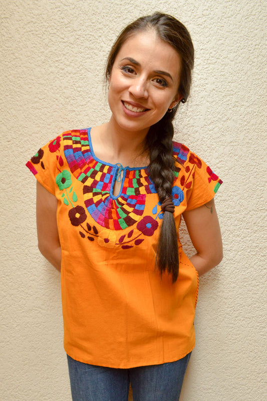 Embroidered Mexican Blouse | Amber - Alebrije Huichol Mexican Folk art magiamexica.com