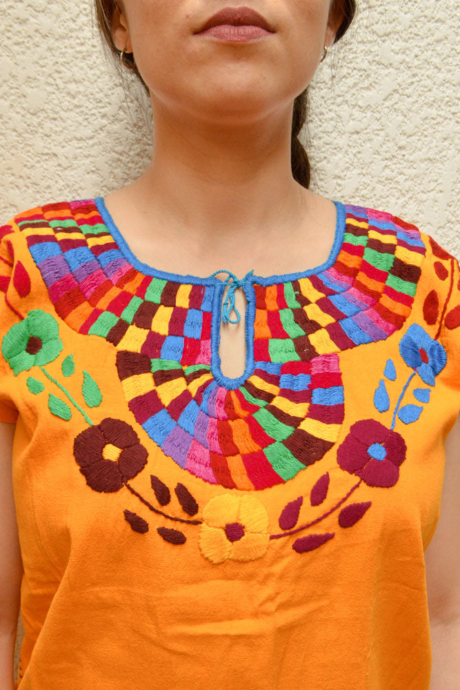 Embroidered Mexican Blouse | Amber - Alebrije Huichol Mexican Folk art magiamexica.com