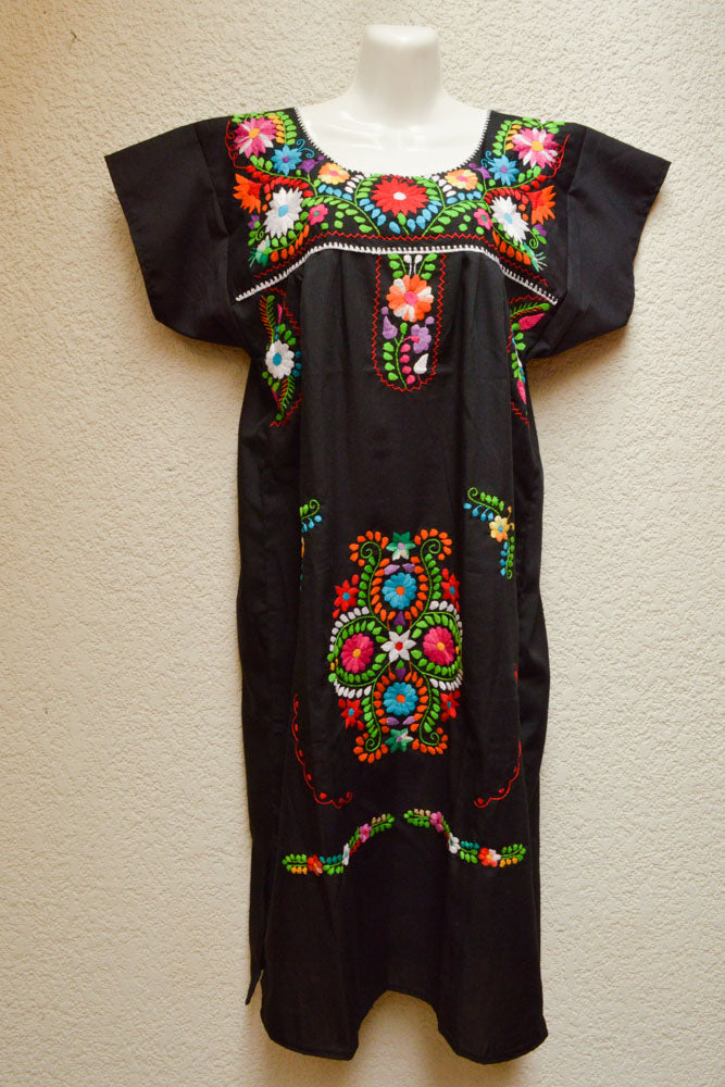 Embroidered Mexican Dress | Black - Alebrije Huichol Mexican Folk art magiamexica.com