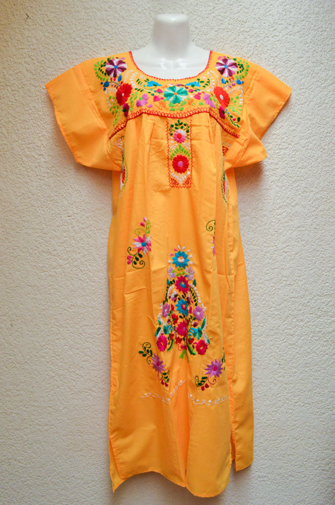 Embroidered Mexican Dress | Yellow - Alebrije Huichol Mexican Folk art magiamexica.com