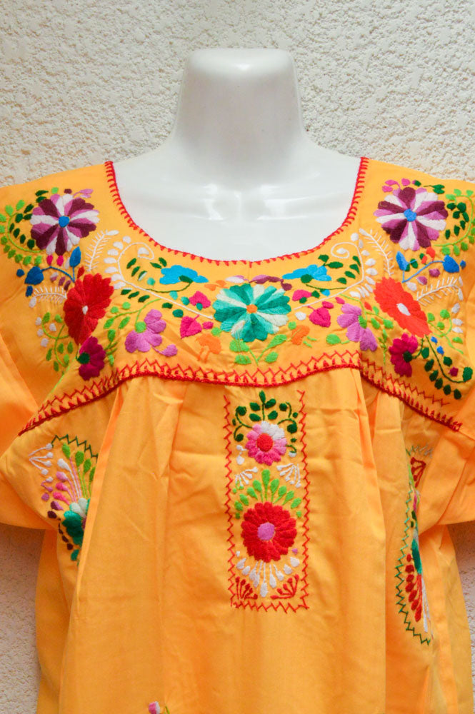 Embroidered Mexican Dress | Yellow - Alebrije Huichol Mexican Folk art magiamexica.com