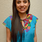 Embroidered Mexican Blouse | Light Blue - Alebrije Huichol Mexican Folk art magiamexica.com