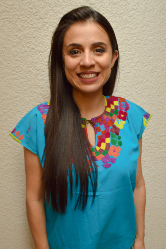 Embroidered Mexican Blouse | Light Blue - Alebrije Huichol Mexican Folk art magiamexica.com