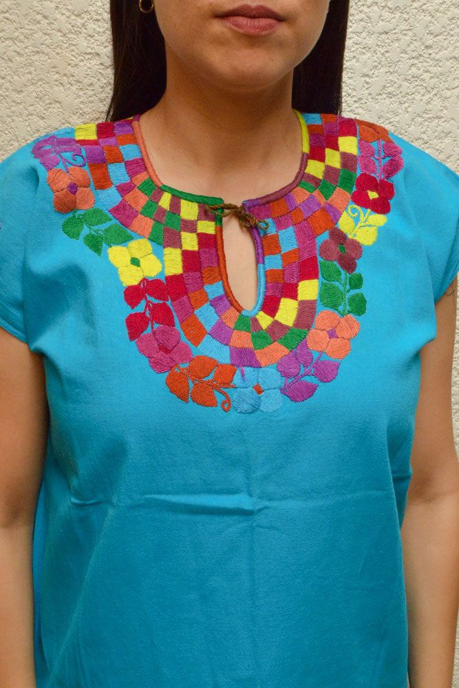 Embroidered Mexican Blouse | Light Blue - Alebrije Huichol Mexican Folk art magiamexica.com